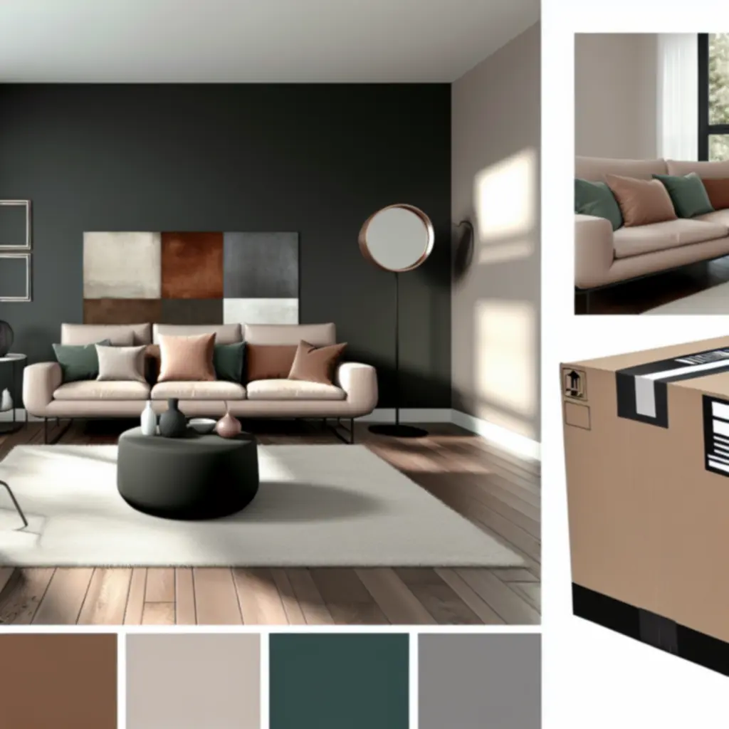 Kortárs nappali enteriőr, gondosan csomagolt bútorszállítással