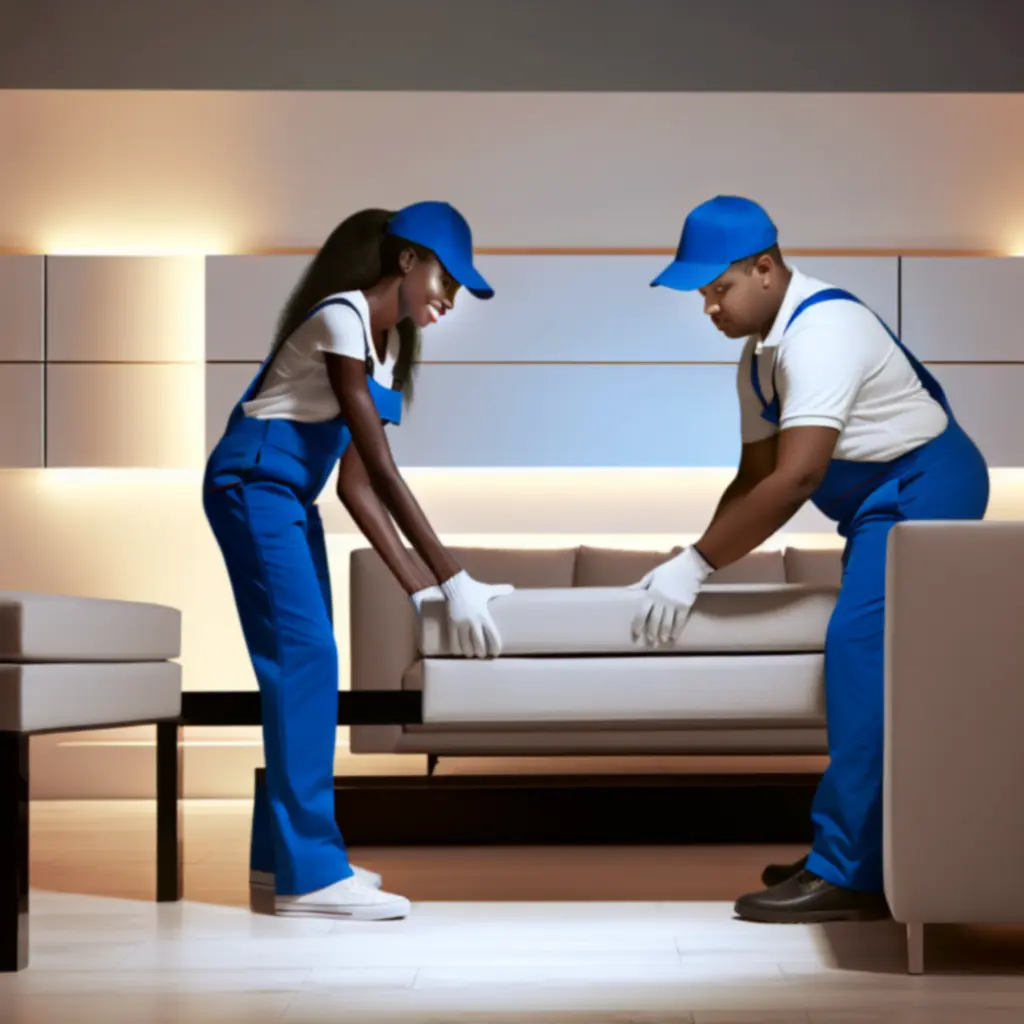 White glove kézbesítő csapat bútort szerel össze egy nappaliban